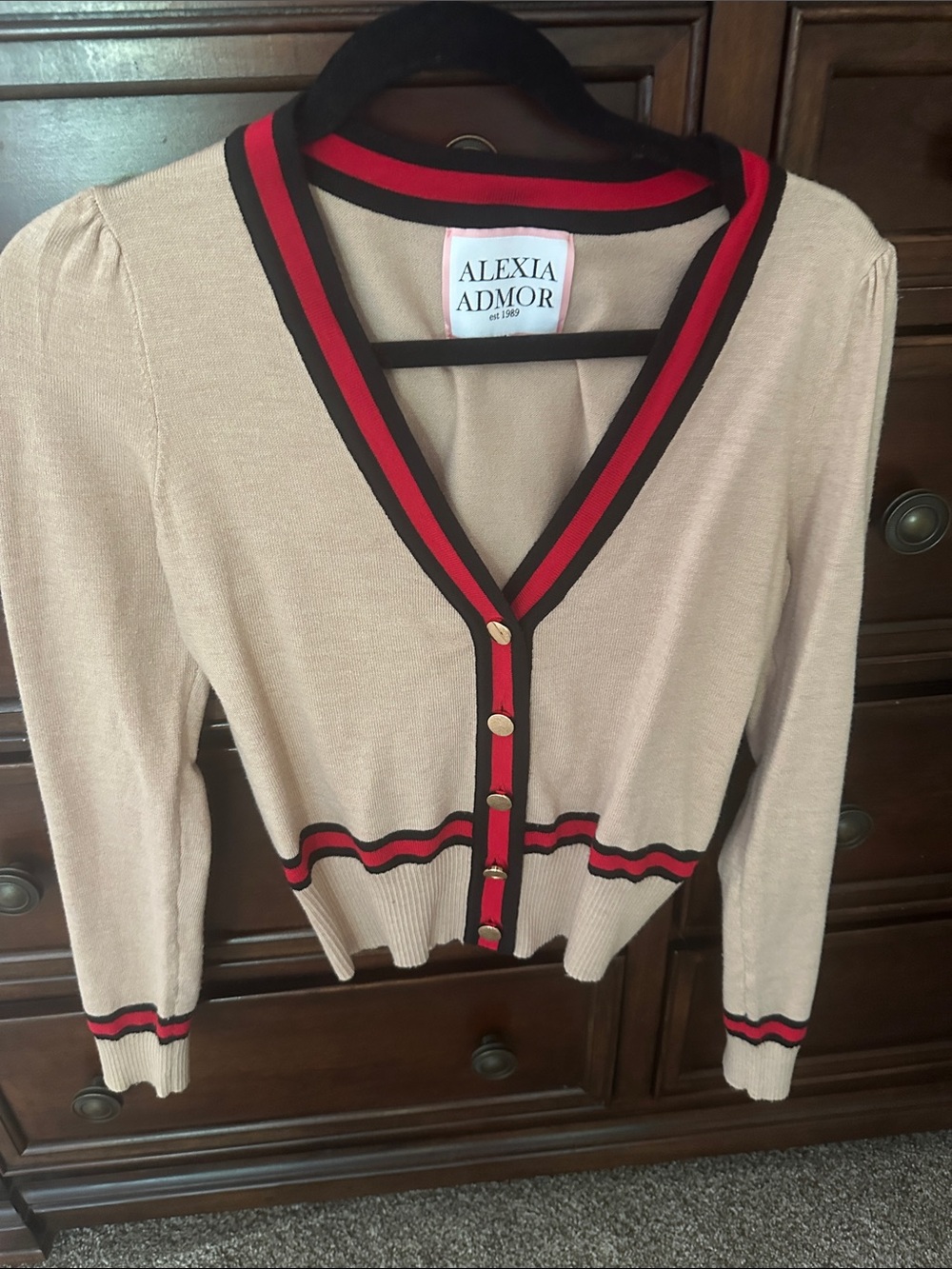 Alexia Admor Cream Cardigan with Red and Black Trim